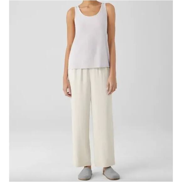 NWT Eileen Fisher Georgette Crepe Silk Luxe Trouser in Bone Large - Picture 1 of 8